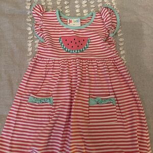 Jelly Beans Pink and White Striped Dress with Watermelon Accent